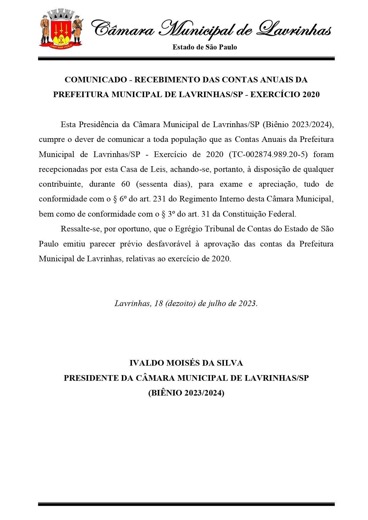 COMUNICADO - RECEBIMENTO DAS CONTAS ANUAIS DA PREFEITURA MUNICIPAL DE LAVRINHAS/SP - EXERCÍCIO 2020